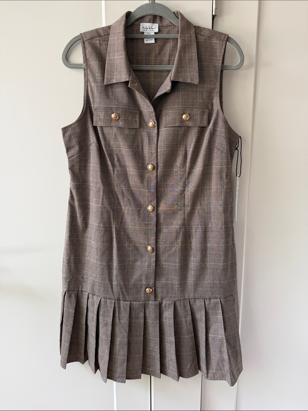 Nicole Miller Brown Plaid Sleeveless Shirt Dress with Gold Buttons